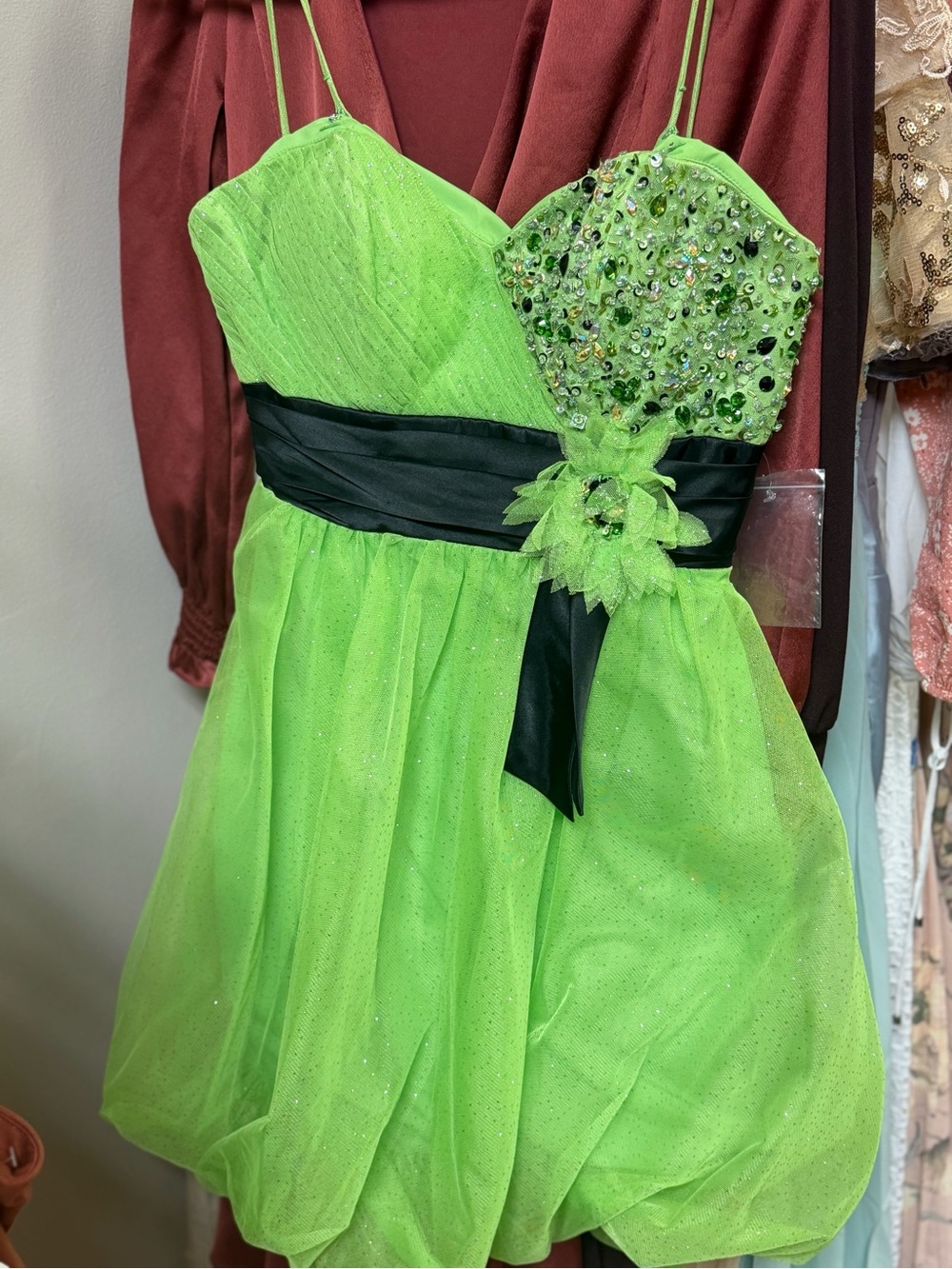 Girls' Neon Green Sparkle Party Dress with Black Sash